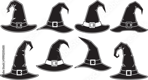 Black witch hats, Halloween vector icons, magic symbols, festive accessories isolated on Transparent Background