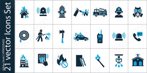 Firefighting and Emergency Rescue Vector Icon Set. Fire alarm, extinguisher, fireman, fire truck, hydrant and emergency safety symbols. Flat style.