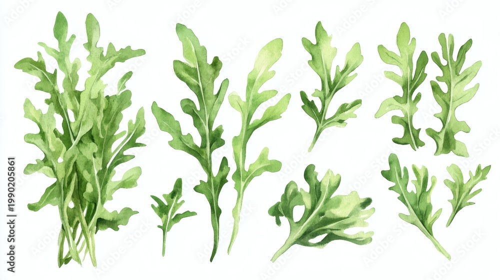 Fototapeta premium Watercolor illustration of arugula leaves and small sprigs painted in varying shades of green on white background, arranged as separate botanical elements