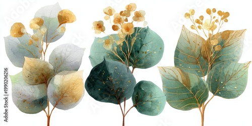 Watercolor illustration of three botanical arrangements featuring green and gold leaves with delicate floral accents on a white background