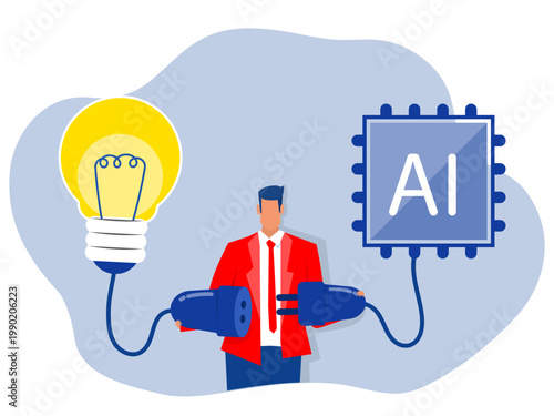 Businessman connect plug with lightbulb idea to AI Artificial Intelligence. chip with Light bulb  development innovation concept vector