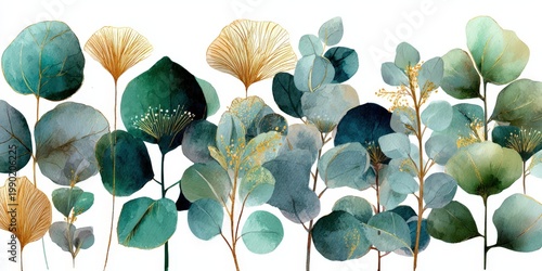 Watercolor illustration of various green leaves and plants with golden accents, arranged in a decorative pattern on a white background