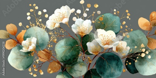 Watercolor illustration of white flowers and green eucalyptus leaves arranged artistically on a gray background, featuring delicate gold accents and botanical elements