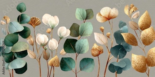 Botanical illustration featuring a variety of leaves and flowers in shades of green, white, and gold against a textured gray background