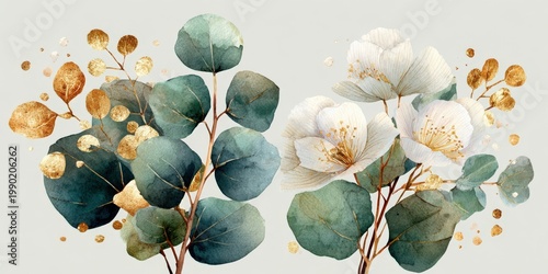Watercolor illustration of white flowers and green eucalyptus leaves with gold accents on a light gray background, suitable for various decorative applications