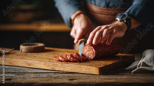 Food preparation with sliced sausage on wooden board, chef's hands with knife, rustic kitchen setting, culinary art, fresh ingredients, gourmet concept
