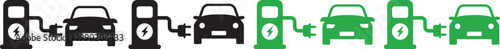 Electric car charging icon set. Electric car charging icons showing different charging stations and plug types. Recharger battery station for automobile. Friendly alternative energy