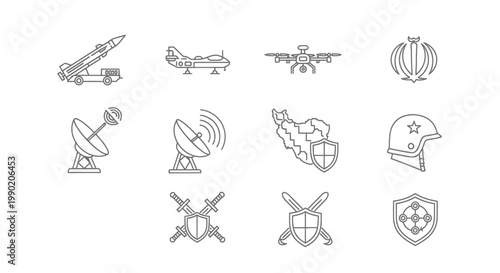 Military Technology Icons: Missile, Jet, Drone, Radar, Shield, Helmet, Swords