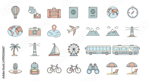 Travel Icons Set: Adventure, Vacation, Transportation, and Exploration Vector Graphics