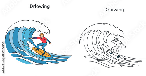 Vector Illustration of a Male Surfer Riding a Massive Ocean Wave Barrel, Featuring a Colored Version and a Black and White Line Art Coloring Page for Summer Sports and Hobbies