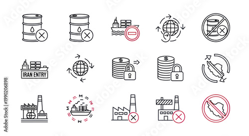 Iran Sanctions Icons: Oil, Trade, Finance, Industry Restrictions