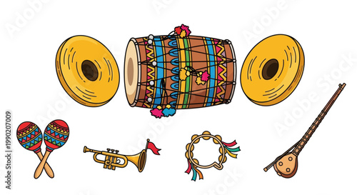 Colorful Traditional Indian Musical Instruments Collection - Dhol, Trumpet, Maracas, Tambourine, Sitar