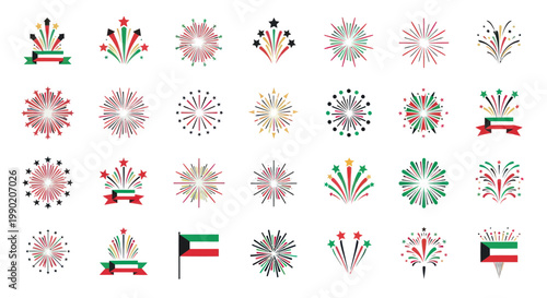Kuwait National Day Fireworks Celebration Vector Icons Set
