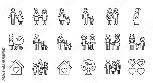 Family Icons Collection: Diverse People & Homes in Simple Line Art