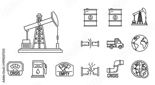 Oil Industry Icons: Pumpjack, Barrels, Truck, Gas Pump, Globe, Crisis Symbols