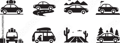 Car travel and road trip icons with different vehicles and luggage.