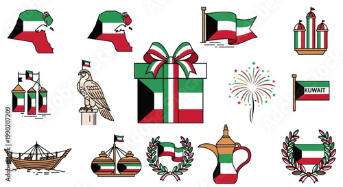 Kuwait National Symbols and Icons: Flag, Map, Falcon, Dhow, Coffee Pot, Fireworks