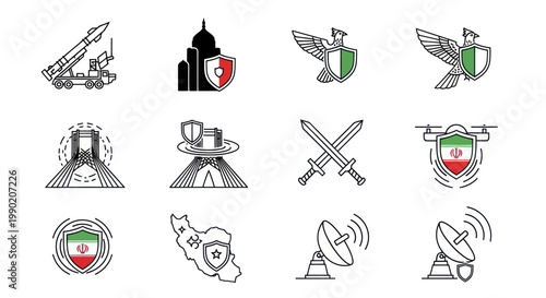 Iran Military and Defense Icons: Missile, Drone, Shield, Map, Landmarks, Satellite