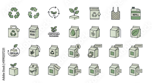 Eco-friendly Packaging Icons: Recycling, Compostable, Biodegradable, Sustainable Materials