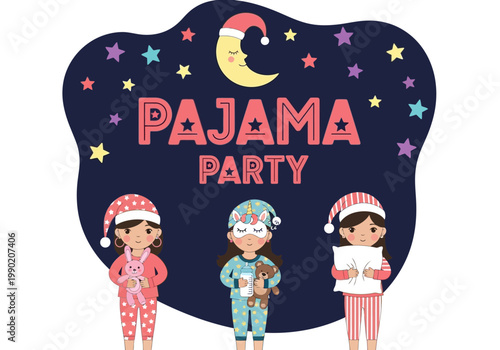 Cute Pajama Party Illustration with Little Girls, Sleepover Theme and Night Sky