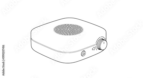 Speaker audio device with circular grille, volume knob and power icons on white background, line art electronics illustration