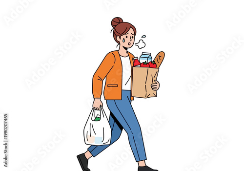 Exhausted Woman Carrying Heavy Grocery Bags, Tired Young Female Shopping for Food Illustration