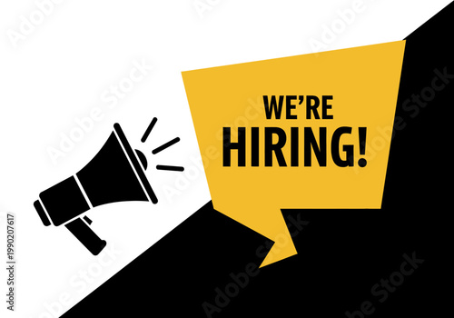 We're Hiring Announcement Banner with Megaphone Icon; Modern Job Recruitment Poster for Talent Acquisition and Vacancy Notification