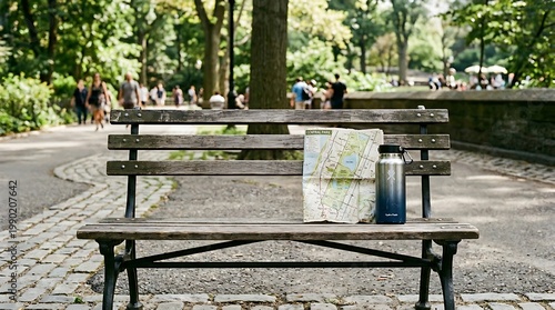 Empty Park Bench with Map and Water Bottle in Green Outdoor Park