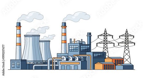 Industrial Power Plant with Cooling Towers and Smoke Stacks