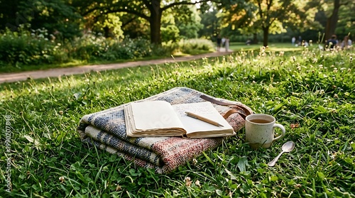 Open Notebook and Coffee Mug on Green Grass in Park During Sunset