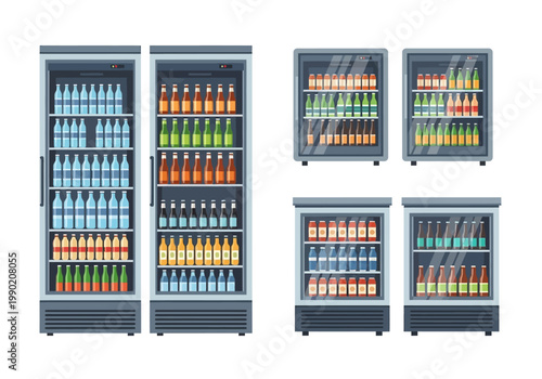 Commercial Beverage Coolers and Display Fridges Set with Bottles and Cans
