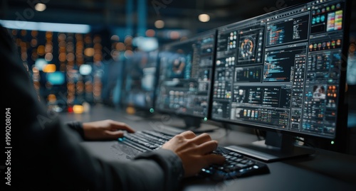 Individual operating multiple computer monitors displaying data analytics and graphs in a modern workspace with ambient lighting and blurred background elements