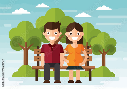 Flat Vector Illustration of a Happy Pregnant Couple Sitting on a Park Bench Holding Hands