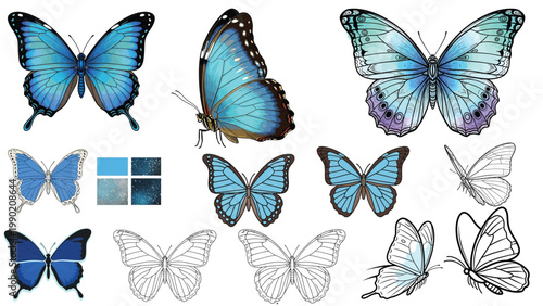 Exotic Blue Butterflies Colorful Moths Termite Queen and Woodlouse Insects Collection Isolated on White Background PNG Entomology Set