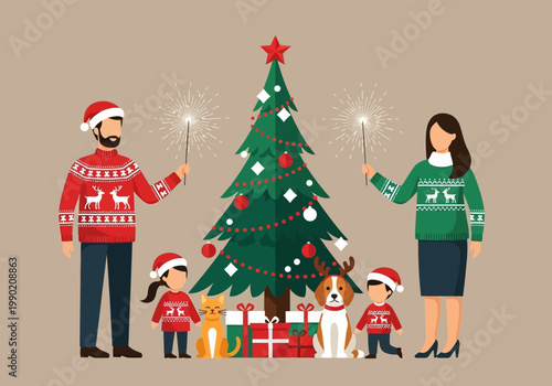 Happy Family Celebrating Christmas with Decorated Tree, Pets, and Sparklers Flat Illustration