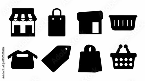 Comprehensive set of 36 black vector icons representing retail shopping e commerce and business concepts for digital and print design applications