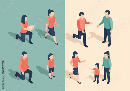 Isometric People Character Set Featuring Men Women and Children in Diverse Social Interaction and Family Scenarios