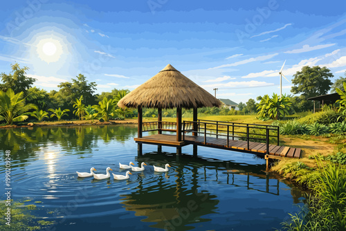 A serene countryside scene featuring a small wooden pavilion with a thatched roof extending over a calm pond. A narrow wooden bridge connects the pavilion to the grassy shore, surrounded by lush green