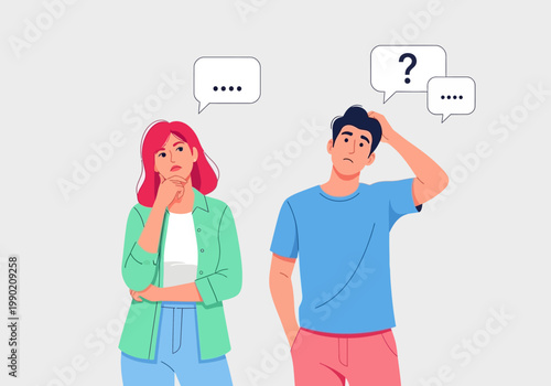 Thinking Couple Illustration with Speech Bubbles and Question Marks - Flat Vector Design for Confusion, Doubt, and Problem Solving Concepts