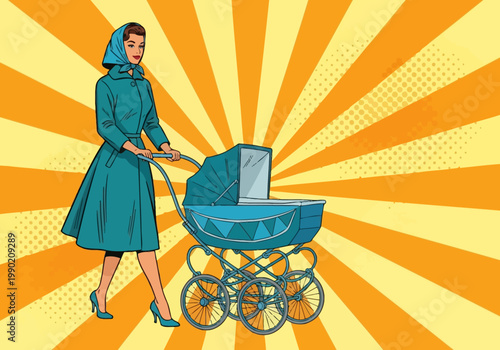 Retro Pop Art Illustration of a Vintage Mother Pushing a Classic Blue Baby Carriage on a Vibrant Sunburst Background
