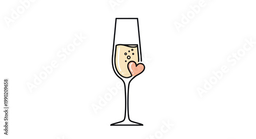 Champagne Flute with Heart Icon, Minimalist Line Art, Celebration Toast