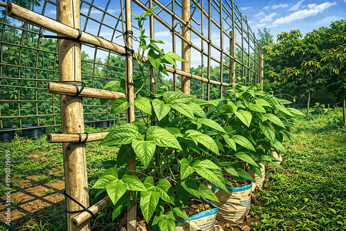 A lush green climbing plant is growing vigorously in a garden, supported by a handmade bamboo trellis reinforced with wire mesh. The plant is placed in repurposed plastic sacks used as planting contai