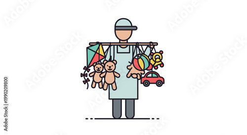 Street Vendor Selling Toys - Cartoon Illustration of Toy Seller with Kite, Teddy Bears, Car, Ball