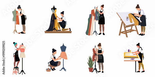 Vector illustration set of a professional seamstress and fashion designer working in her studio, designing dresses, suits, and patterns.