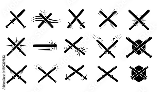 Abstract baton and nightstick icon collection with dynamic truncheon symbols in black modern vector style