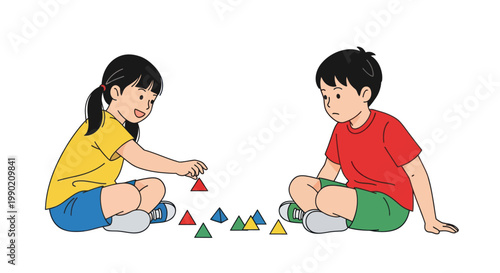 Children Playing With Colorful Triangle Blocks, Learning and Development