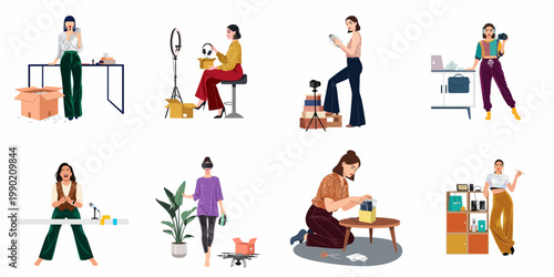 Illustrations of modern women working as content creators, influencers, and digital entrepreneurs in various creative settings and social media occupations.