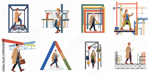 Architects and engineers at work on construction sites, supervising building projects with blueprints and digital tools in various architectural settings.