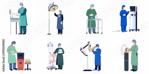 Collection of medical surgical staff characters performing various tasks in an operating room setting, flat vector illustration isolated on white background.