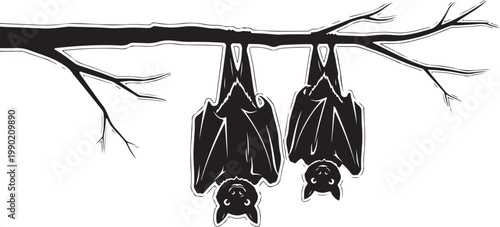 Black bats hanging, bat silhouettes, flying mammals, nocturnal animals isolated on Transparent Background